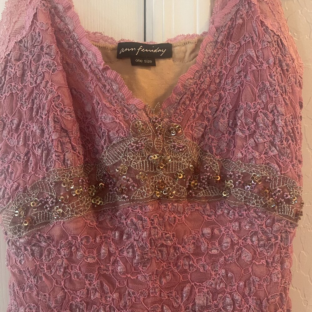 Vintage Rare Y2K Ann Ferriday Beaded Sequin Lace Pink Fairy Top Cami OS - Picture 3 of 5